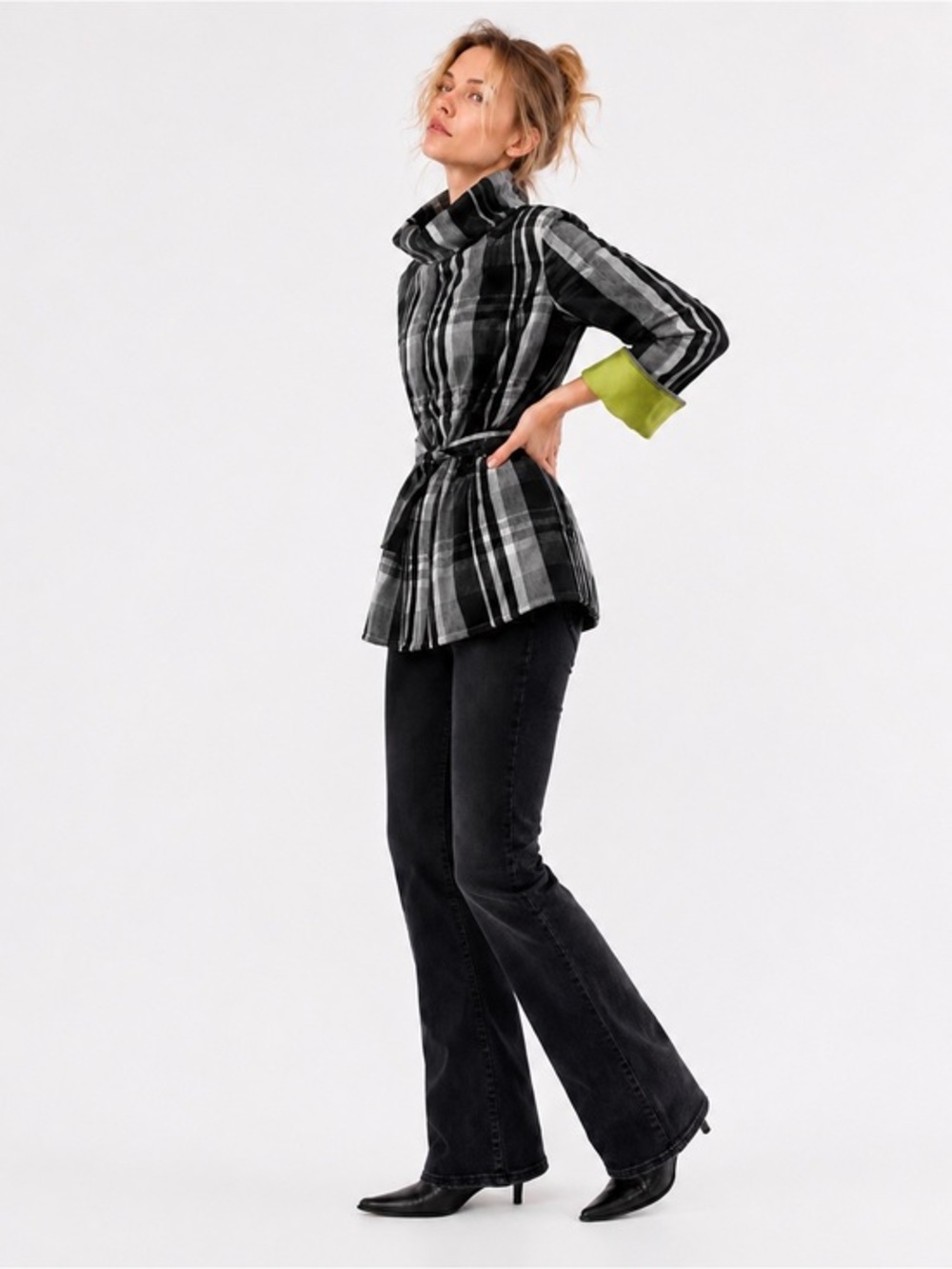 Puli Nordstrom Plaid Black & White Green Belted Rain Lightweight Jacket Sz 4